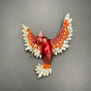Vibrant Red and Orange Hummingbird Brooch